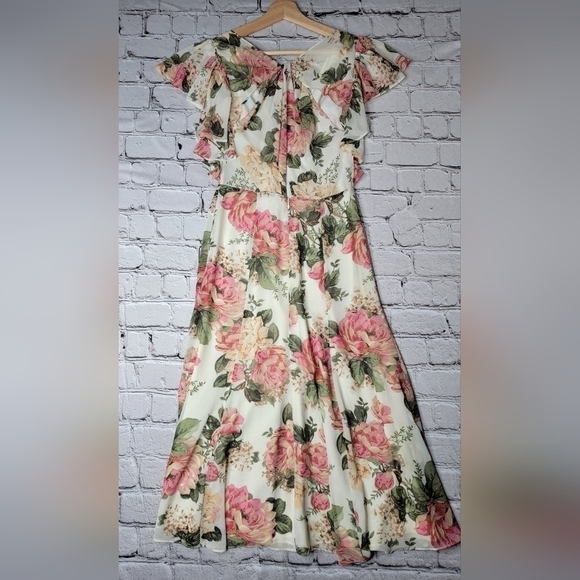 Divine Heritage Twist Back Midi Dress In Ivory Peach Pink Floral Print Size S - Picture 9 of 14